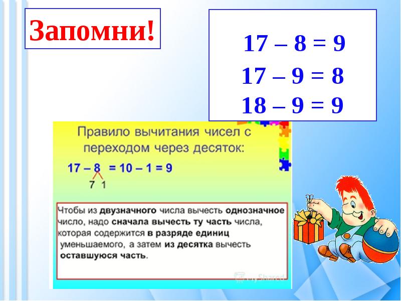 Вычитание вида 17 1 класс презентация