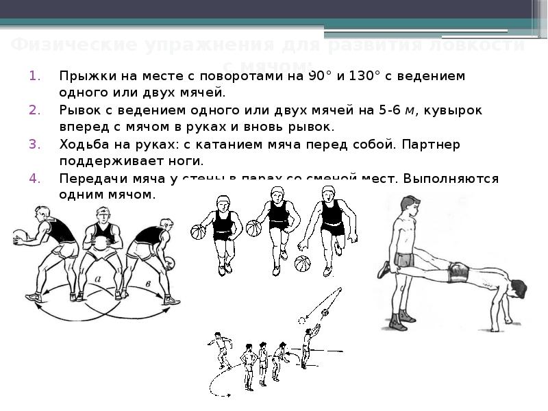 Прыжки с мячом в руках. Рывки с ведением мяча. Прыжок с поворотом на 180. Прыжок с поворотом на 90 градусов. Прыжки на месте.