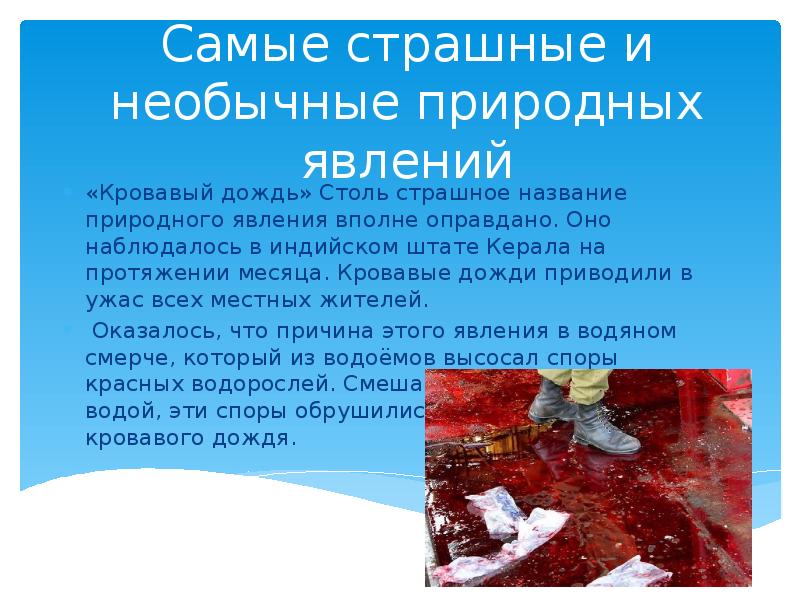 Самые страшные и необычные природных явлений «Кровавый дождь» Столь страшное название