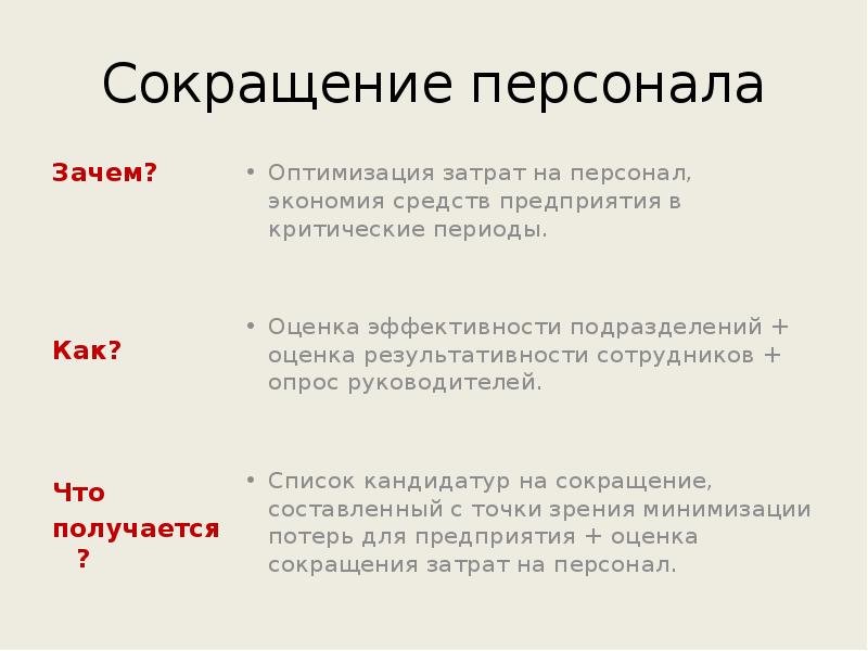 Сокращение персонала
Зачем?
Как?
Что
получается? Сокращение персонала
Зачем?
Как?
Что
получается?