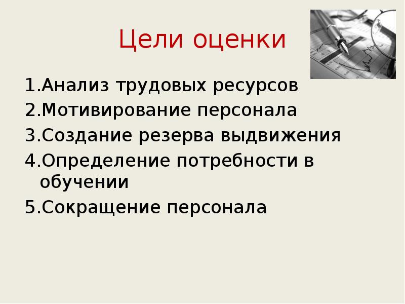 Цели оценки
1.Анализ трудовых ресурсов
2.Мотивирование персонала
3.Создание резерва выдвижения
4.Определение Цели оценки
1.Анализ трудовых ресурсов
2.Мотивирование персонала
3.Создание резерва выдвижения
4.Определение