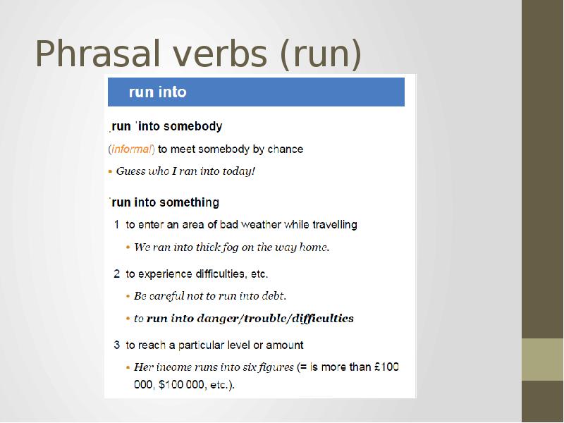 Run verbs. Phrasal verb Run.