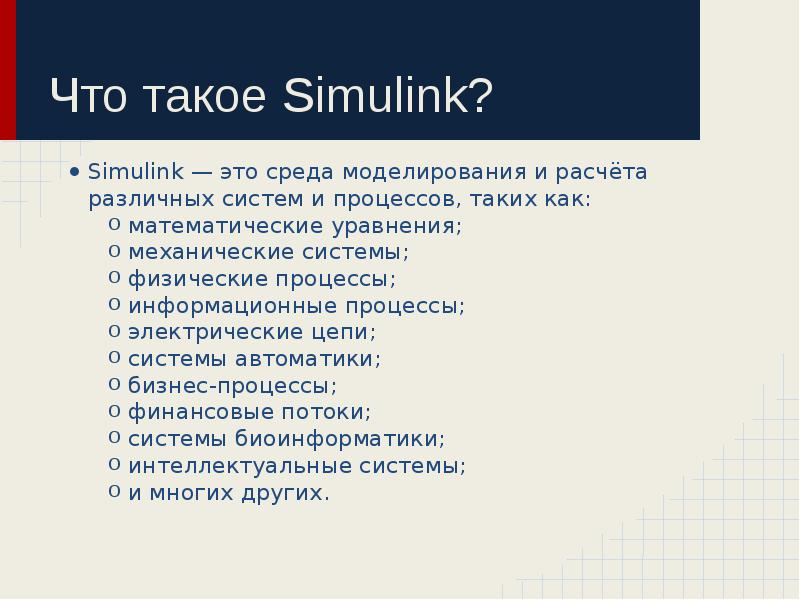 Что такое Simulink?
Simulink — это среда моделирования и расчёта различных Что такое Simulink?
Simulink — это среда моделирования и расчёта различных