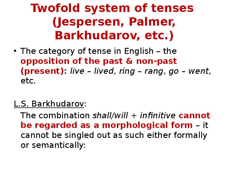 Twofold system of tenses (Jespersen, Palmer, Barkhudarov, etc.)
The category Twofold system of tenses (Jespersen, Palmer, Barkhudarov, etc.)
The category