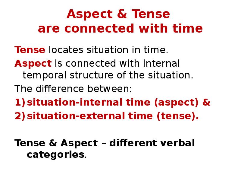 Aspect & Tense are connected with time
Tense locates situation Aspect & Tense are connected with time
Tense locates situation