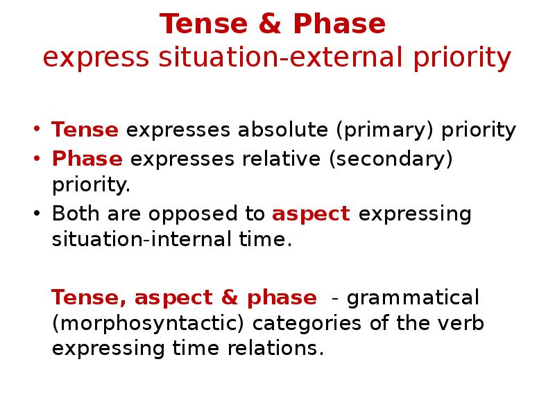 Tense & Phase express situation-external priority
Tense expresses absolute (primary) Tense & Phase express situation-external priority
Tense expresses absolute (primary)