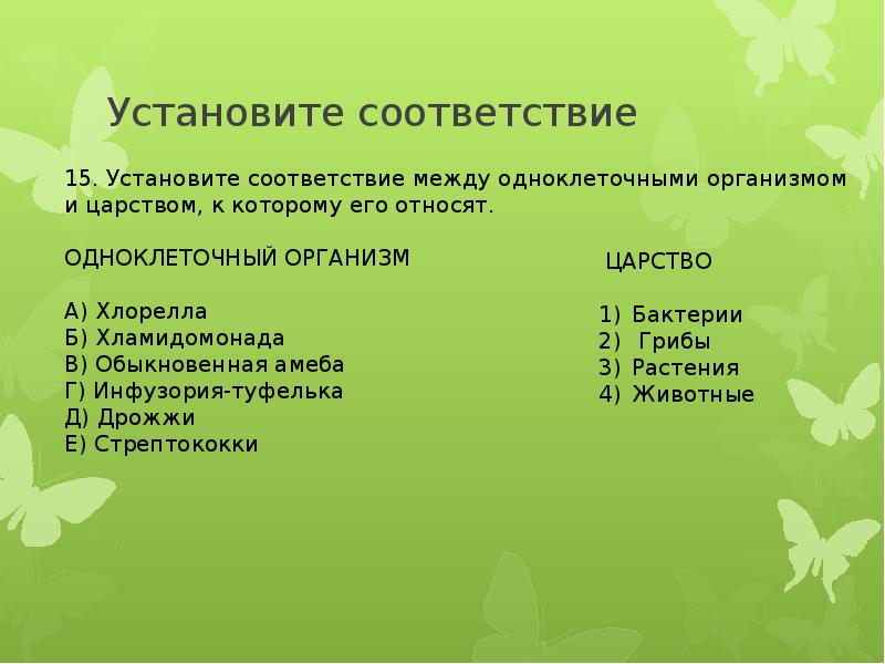 Установите соответствие организмы группы. Установите соответствие между одноклеточным организмом и царством. Соответствие между организмом и царством. Установите соответствие между признаком и одноклеточным организмом. Соответствие между организмами и разделами царства животные..