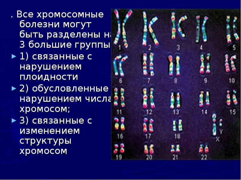 . Все хромосомные болезни могут быть разделены на 3 большие группы: