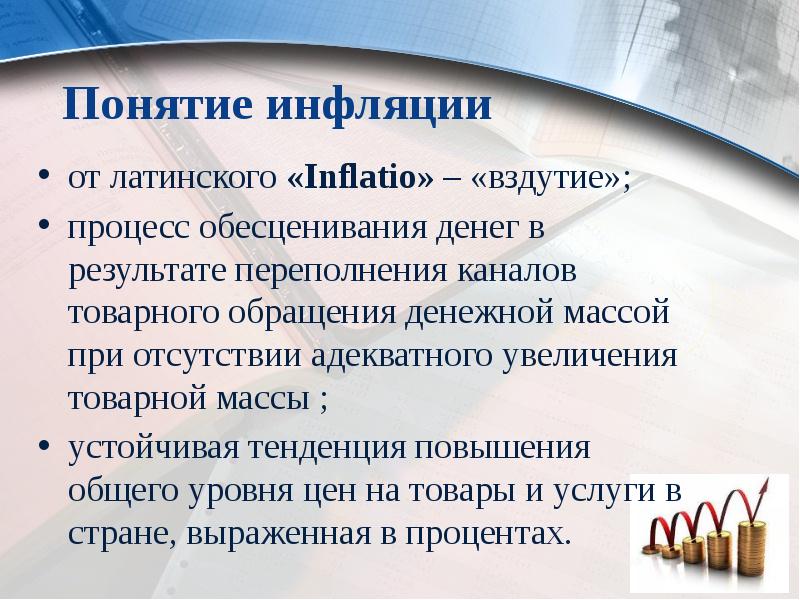 Понятие инфляции
от латинского «Inflatio» – «вздутие»;
процесс обесценивания денег Понятие инфляции
от латинского «Inflatio» – «вздутие»;
процесс обесценивания денег