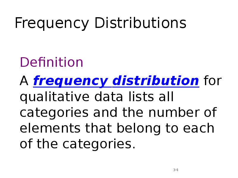 Frequency Distributions
Definition
A frequency distribution for qualitative data lists all Frequency Distributions
Definition
A frequency distribution for qualitative data lists all