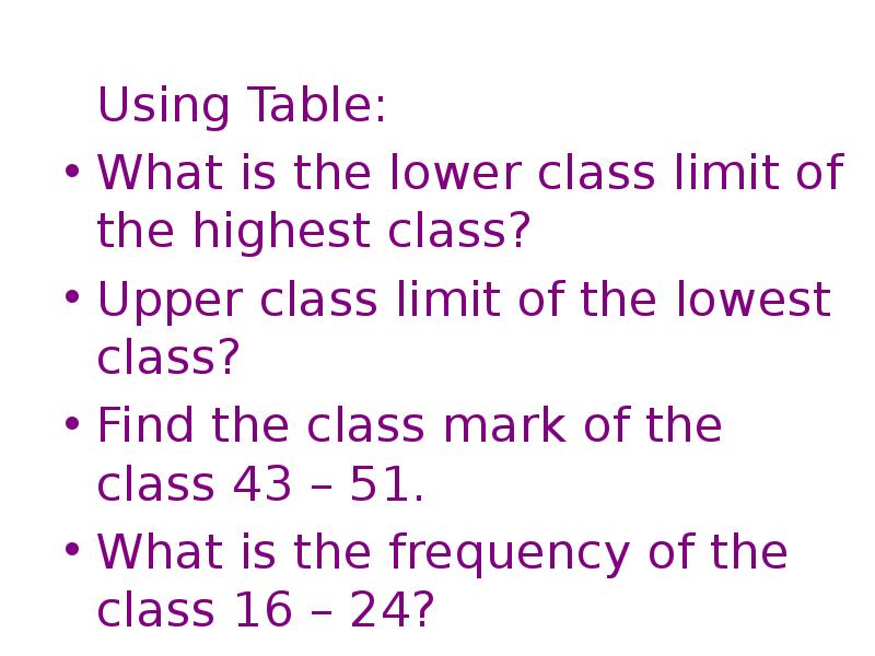 Using Table:
Using Table:
What is the lower class limit of Using Table:
Using Table:
What is the lower class limit of