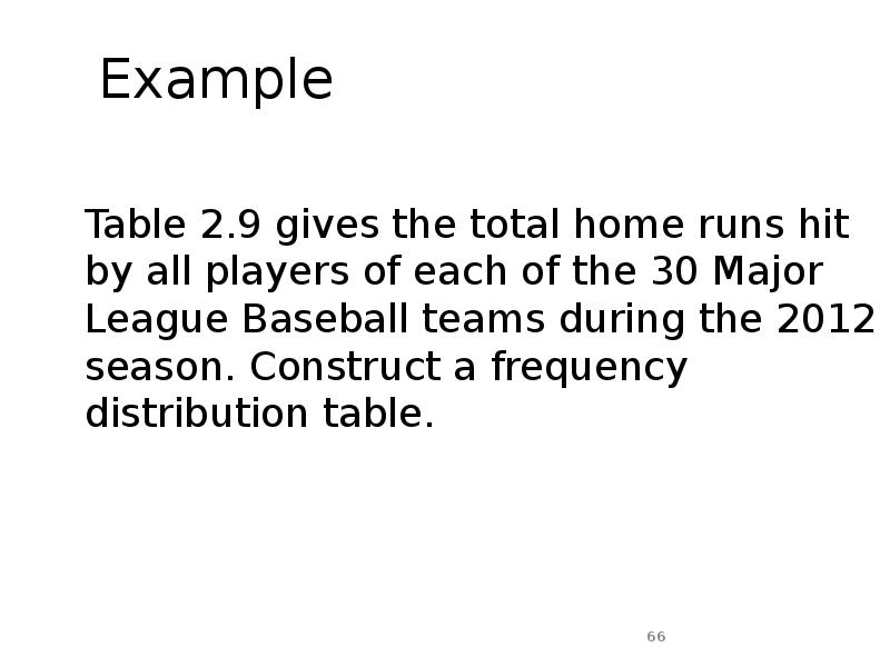 Example
Table 2.9 gives the total home runs hit by Example
Table 2.9 gives the total home runs hit by