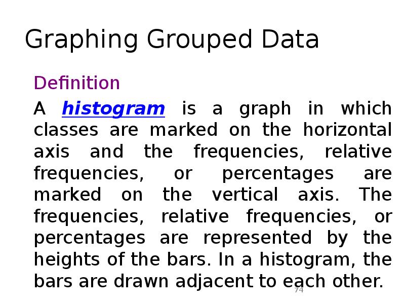 Graphing Grouped Data
Definition
A histogram is a graph in which Graphing Grouped Data
Definition
A histogram is a graph in which