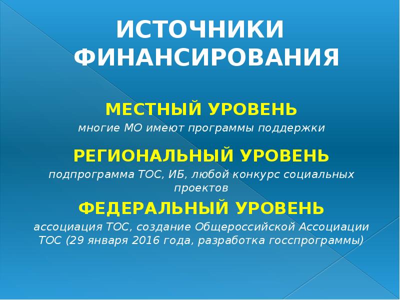 ИСТОЧНИКИ ФИНАНСИРОВАНИЯ
МЕСТНЫЙ УРОВЕНЬ
многие МО имеют программы поддержки
ИСТОЧНИКИ ФИНАНСИРОВАНИЯ
МЕСТНЫЙ УРОВЕНЬ
многие МО имеют программы поддержки