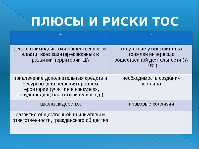 ПЛЮСЫ И РИСКИ ТОС ПЛЮСЫ И РИСКИ ТОС