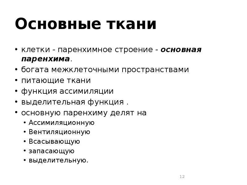 Основные ткани клетки - паренхимное строение - основная паренхима.  богата
