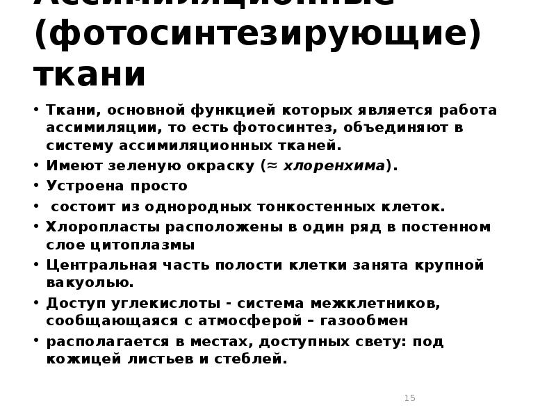 Ассимиляционные (фотосинтезирующие) ткани  Ткани, основной функцией которых является работа ассимиляции,