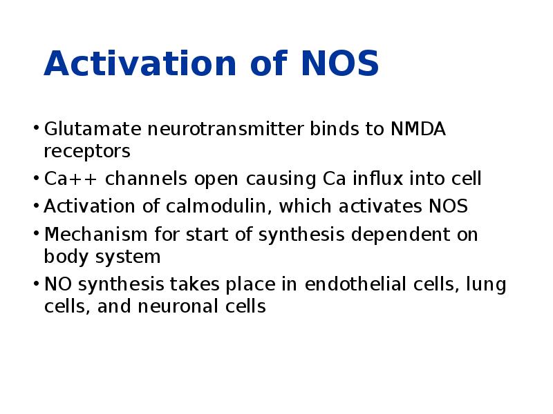 Activation of NOS Glutamate neurotransmitter binds to NMDA receptors Ca++ channels