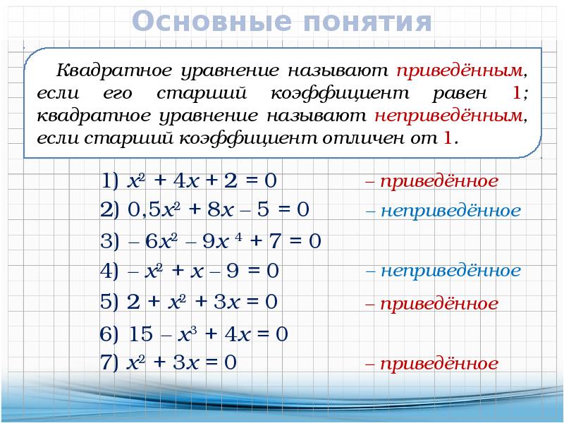 Привести к отличающим. Квадратные уравнения основные понятия 8 класс. Основные понятия квадратные уравнения 8 класс Алгебра. Приведенное квадратное уравнение 8 класс. Приведенные квадратные уравнения примеры.