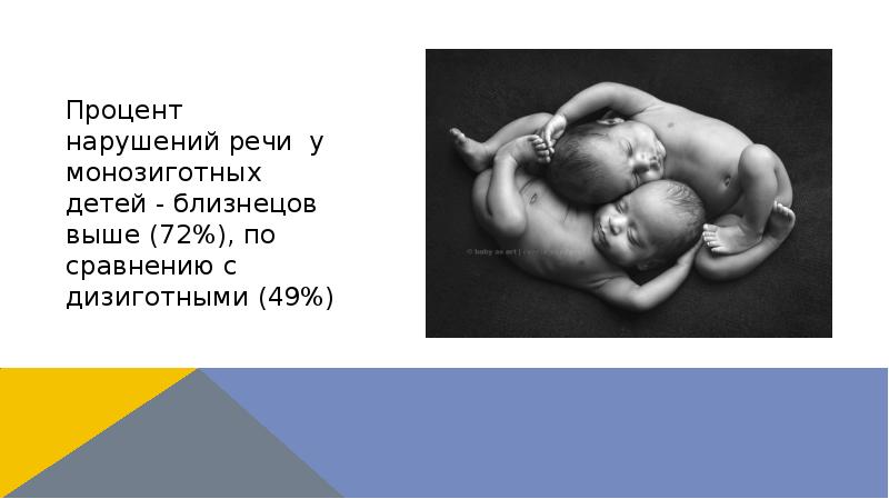 Процент нарушений речи у монозиготных детей - близнецов выше (72%), по Процент нарушений речи у монозиготных детей - близнецов выше (72%), по