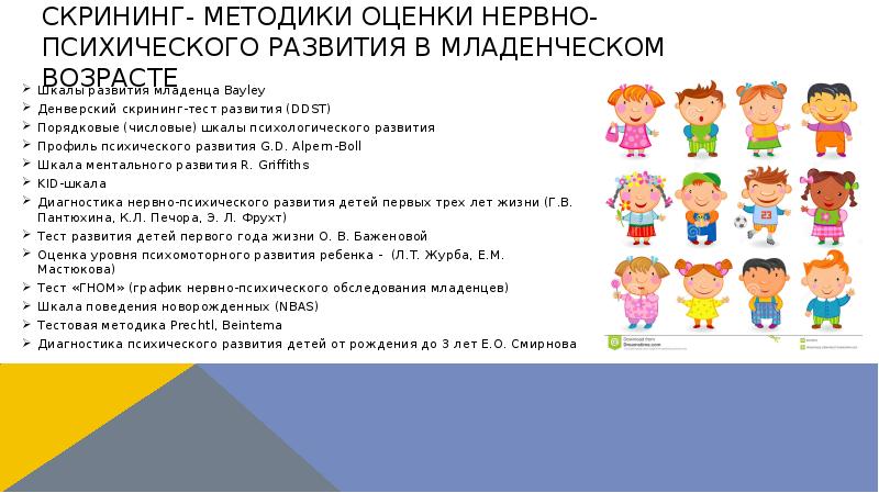 Скрининг- методики оценки нервно-психического развития в младенческом возрасте
Шкалы развития младенца Скрининг- методики оценки нервно-психического развития в младенческом возрасте
Шкалы развития младенца