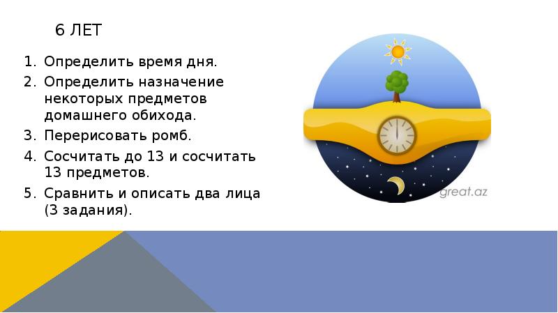 6 лет
Определить время дня.
Определить назначение некоторых предметов домашнего обихода.
6 лет
Определить время дня.
Определить назначение некоторых предметов домашнего обихода.