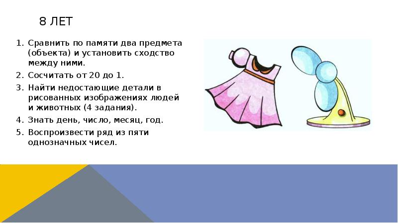 8 лет
Сравнить по памяти два предмета (объекта) и установить сходство 8 лет
Сравнить по памяти два предмета (объекта) и установить сходство