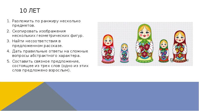 10 лет
Разложить по ранжиру несколько предметов.
Скопировать изображения нескольких геометрических 10 лет
Разложить по ранжиру несколько предметов.
Скопировать изображения нескольких геометрических
