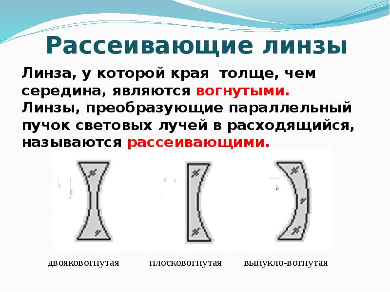 Вогнутые изображения. Вогнутая рассеивающая линза. Плосковогнутая линза. Рассеивающими называются линзы, которые по краям.