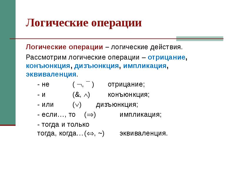 Названия логических операций. Конъюнкция дизъюнкция инверсия таблицы. Логические операции импликация конъюнкция. Отрицание конъюнкции и дизъюнкции. Отрицание конъюнкция дизъюнкция импликация эквивалентность.