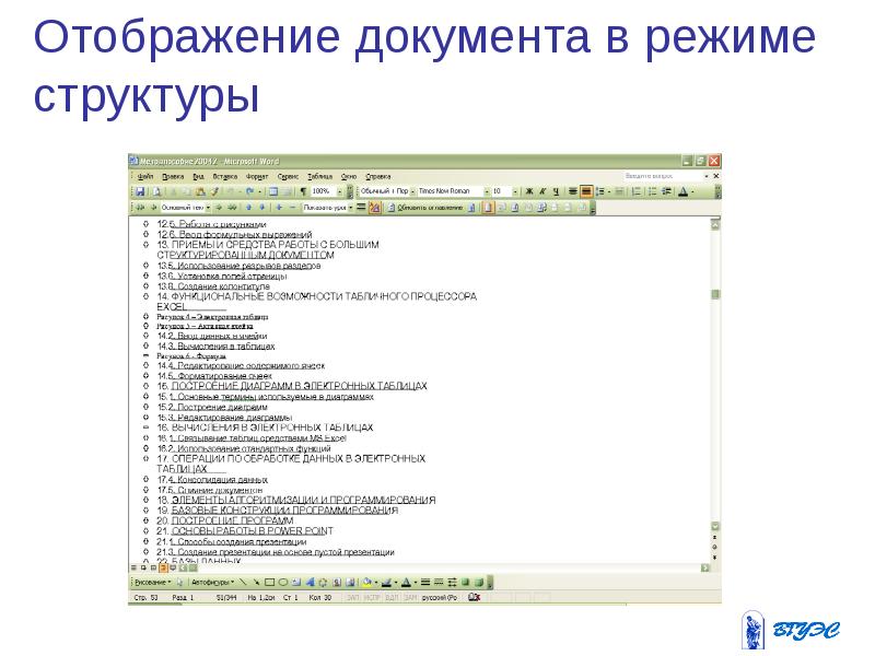 Режимы отображения документа Word. Установите режим отображения документа структура. Что отображается в режиме структуры:. В режиме структура не отображается документ.