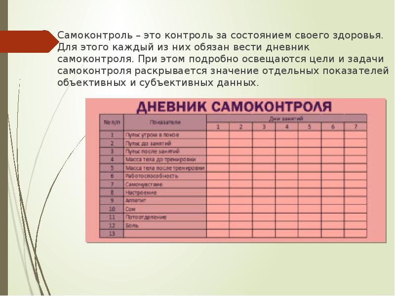 Проект дневник самоконтроля по физкультуре