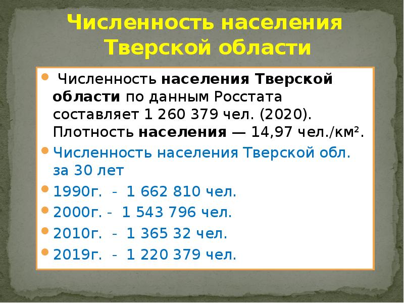 Средняя плотность населения тверской области. Население Тверской области.
