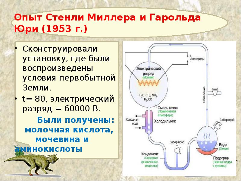 Опыт Стенли Миллера и Гарольда Юри (1953 г.) Сконструировали установку, где