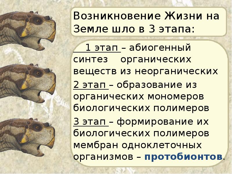 Возникновение Жизни на Земле шло в 3 этапа:   1