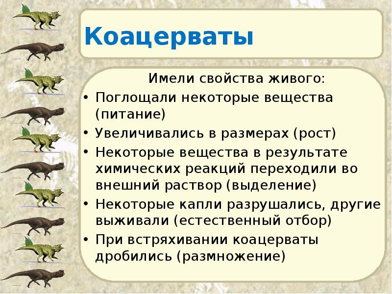 Коацерваты         Имели свойства
