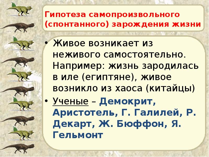 Гипотеза самопроизвольного (спонтанного) зарождения жизни Живое возникает из неживого самостоятельно. Например:
