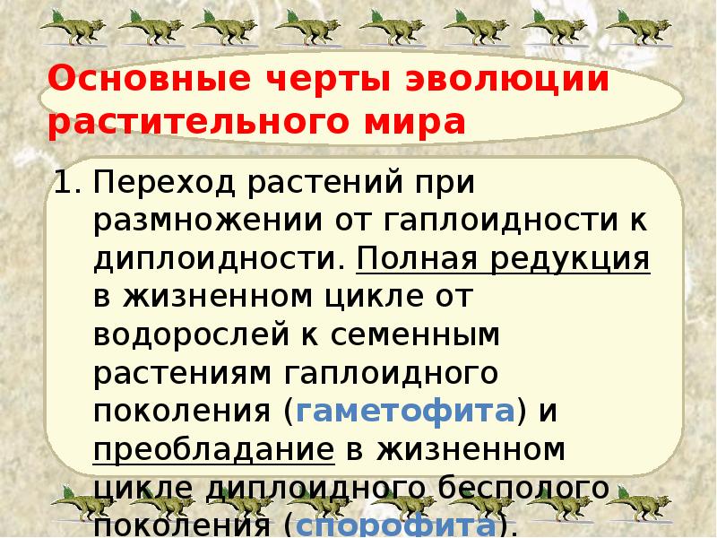 Основные черты эволюции растительного мира Переход растений при размножении от гаплоидности
