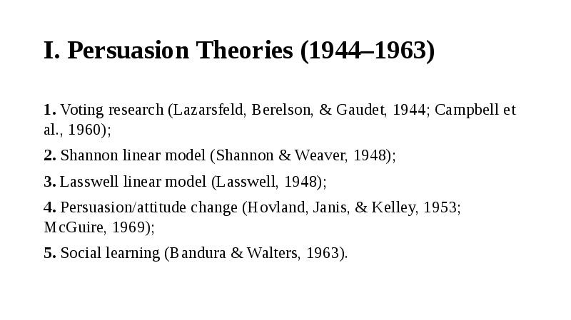 I. Persuasion Theories (1944–1963) 1. Voting research (Lazarsfeld, Berelson, & Gaudet,
