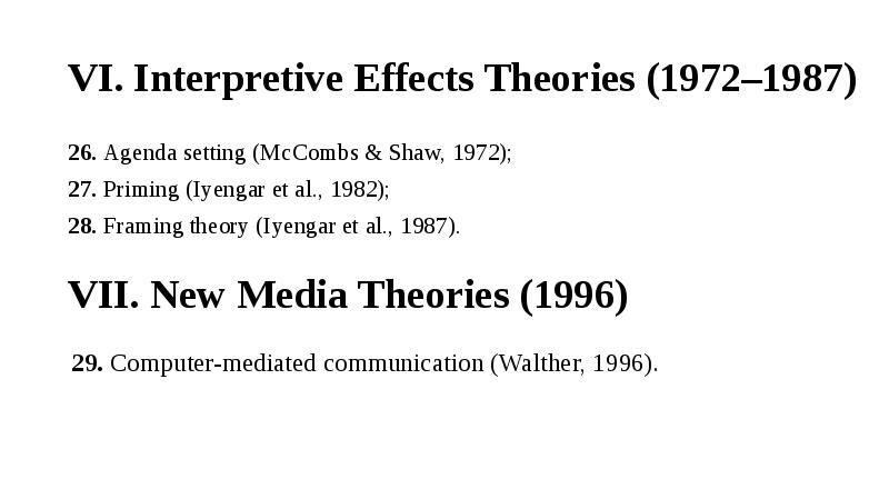 VI. Interpretive Effects Theories (1972–1987)  26. Agenda setting (McCombs &