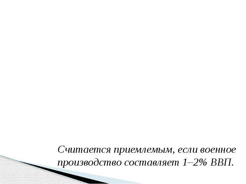 Считается приемлемым, если военное производство составляет 1–2% ВВП. Считается приемлемым, если военное производство составляет 1–2% ВВП.