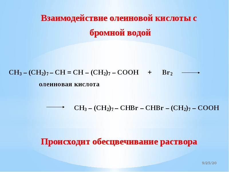 На примере олеиновой кислоты написать схемы реакций присоединения hi