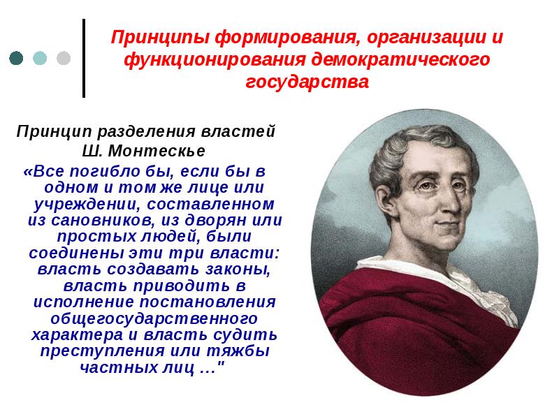 Принципы формирования, организации и функционирования демократического государства
Принцип разделения властей
Принципы формирования, организации и функционирования демократического государства
Принцип разделения властей