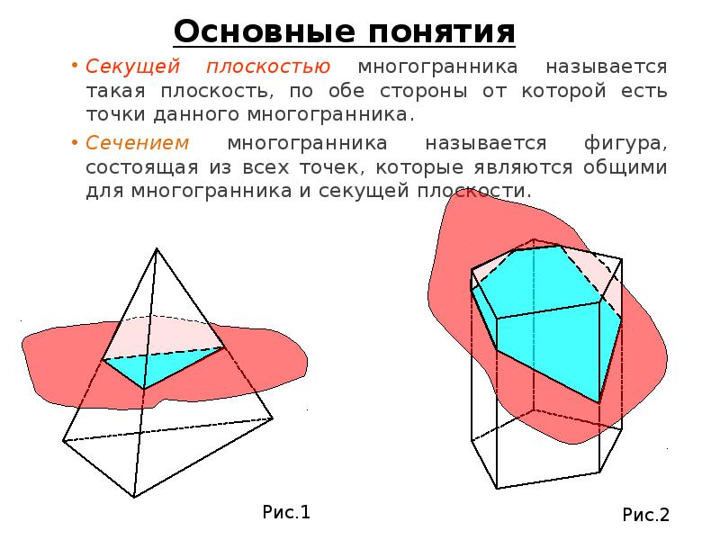 Секущая плоскость. Сечение многогранника плоскостью. Секущая плоскость многогранника. Построение сечений стереометрических фигур. Сечение фигуры плоскостью.