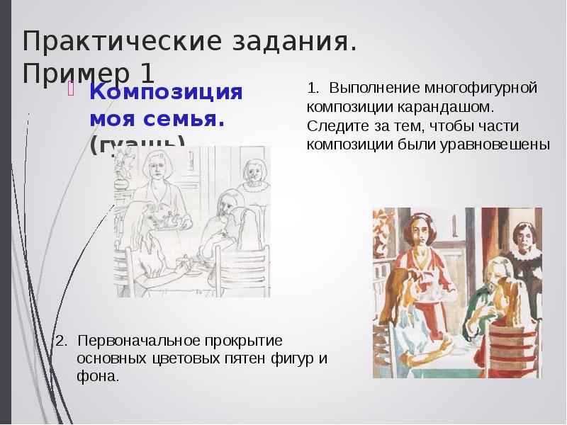 Практические задания. Пример 1
Композиция моя семья. (гуашь) Практические задания. Пример 1
Композиция моя семья. (гуашь)