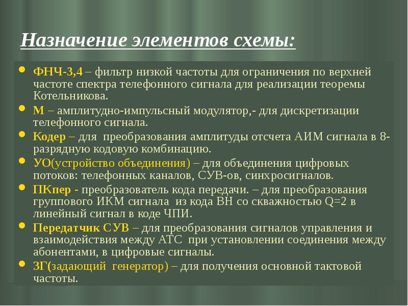 Назначение элементов схемы:
ФНЧ-3,4 – фильтр низкой частоты для ограничения по Назначение элементов схемы:
ФНЧ-3,4 – фильтр низкой частоты для ограничения по