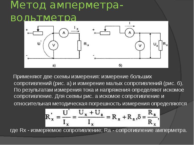 Нарисуйте схемы для измерения методом амперметра и вольтметра больших и малых сопротивлений