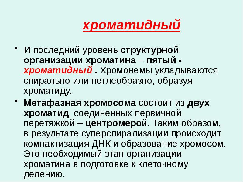 хроматидный И последний уровень структурной организации хроматина – пятый - хроматидный