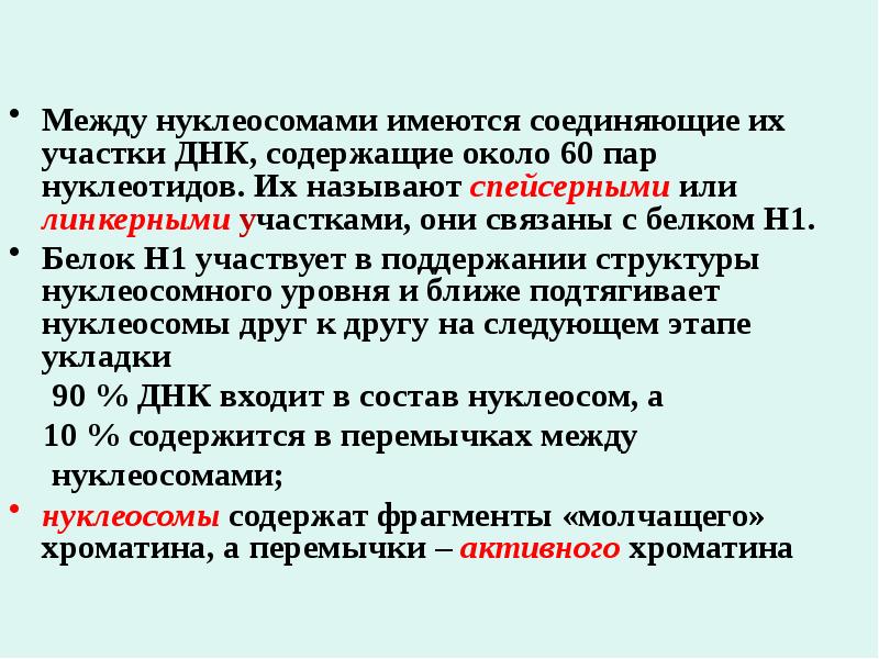 Между нуклеосомами имеются соединяющие их участки ДНК, содержащие около 60 пар