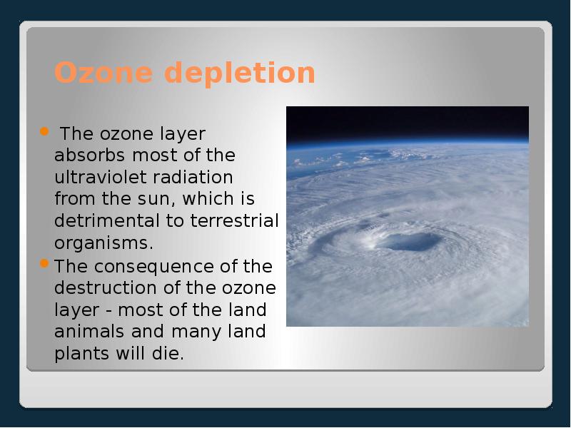 Ozone depletion  The ozone layer absorbs most of the ultraviolet